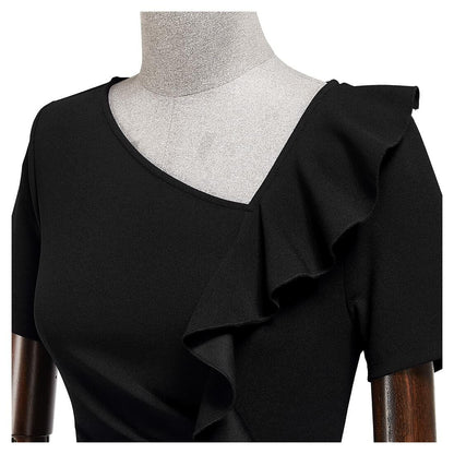 AISIZE Women's Vintage V-Neck Ruffle Slit Bodycon Dress Black Size L