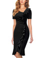 AISIZE Women's Vintage V-Neck Ruffle Slit Bodycon Dress Black Size L