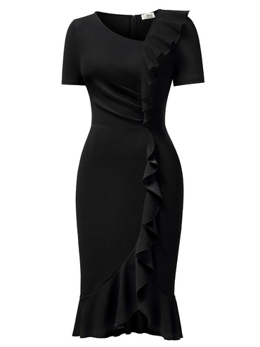 AISIZE Women's Vintage V-Neck Ruffle Slit Bodycon Dress Black Size L