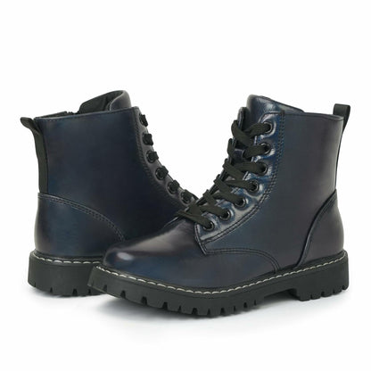 firelli Kids Ankle Boots Navy Side Zipper Lace Up Combat Boots Size 4 US