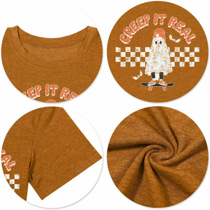 HQP Halloween Ghost Women's Brown Graphic Fall T-Shirt Top Spooky Skateboard