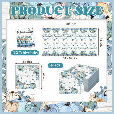 3 Pc Blue Fall Thanksgiving Tablecloth Set 54x108in + 60 Napkins Disposable