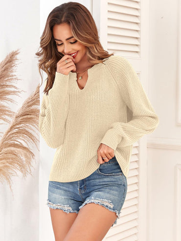 ZAFUL Apricot Ribbed Knit V Neck Long Sleeve Sweater Size M