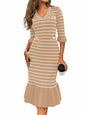 Wenrine Womens Khaki Striped Sweater Dress V Neck Half Sleeve Midi Knit Size M