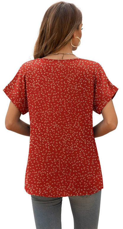 QUEZHU Women's V Neck Short Sleeve Chiffon Blouse Wine Red Size Small