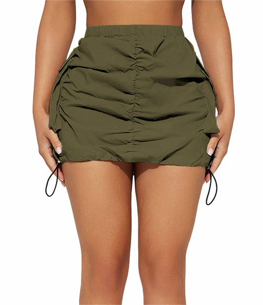 Womens Y2K Cargo Mini Skirt Elastic Waist Ruched Side Pockets Size S