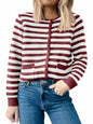ANRABESS Women's Tweed Knit Cardigan White Red Stripe Size Small