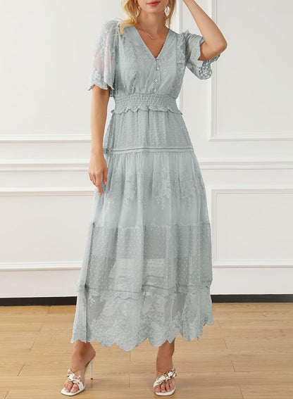 Happy Sailed Womens Gray Floral Lace Maxi Dress V Neck Button Down Size M