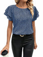 SOLY HUX Women's Ruffle Short Sleeve Blouse Casual Round Neck Blue Black Size S