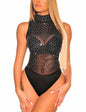 SEBOWEL Women's Studded Mock Neck Sleeveless Bodysuit Black Size M