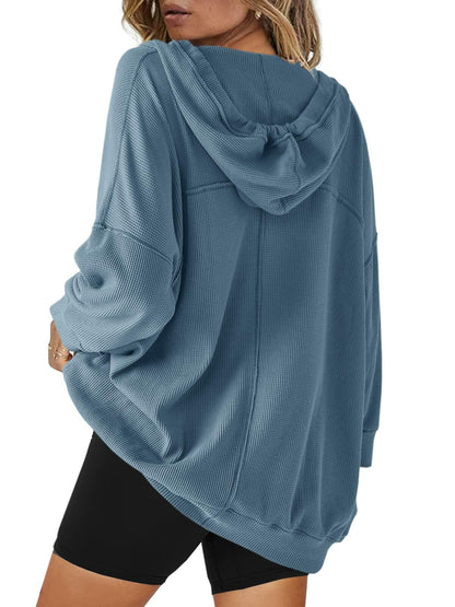 SENSERISE Womens Oversized V Neck Waffle Knit Hoodie Dusty Blue Size S