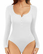 MANGOPOP Long Sleeve Ribbed Bodysuit Tummy Control Henley Scoop Neck Size S