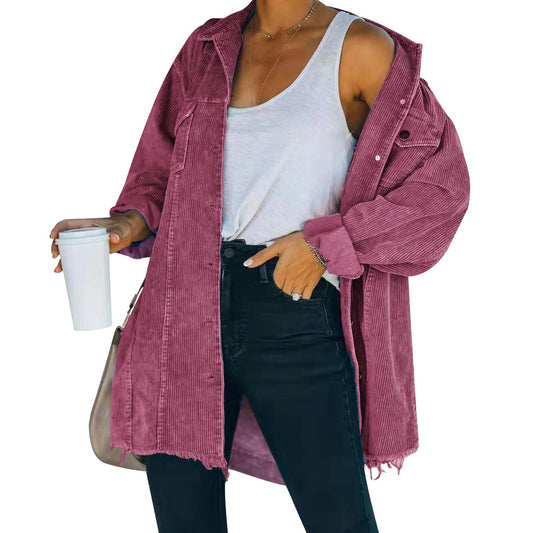 Hixiaohe Women's Corduroy Oversized Shirt Jacket Coat Light Wine Size S