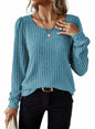 Samefar Womens Ribbed Long Sleeve Round Neck Top Blue Size Small