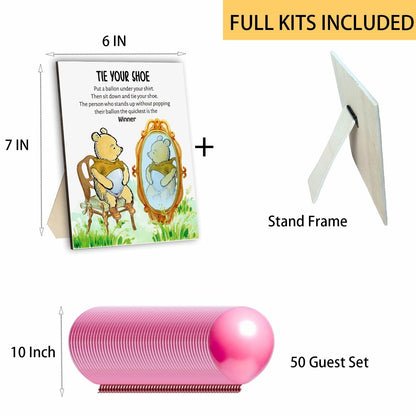 Tie Your Shoe Baby Shower Game Winnie Bear Wood Frame Pink Balloon 50 Pcs