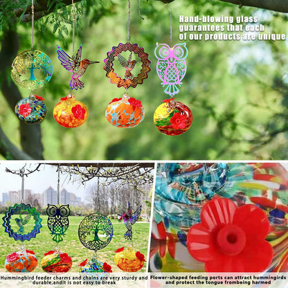 Hand-Blown Glass Hummingbird Feeder with Owl Metal Ornament Garden Decor