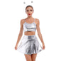 Alien Costume Women Metallic Crop Top Skirt Headband Silver Size 2XL