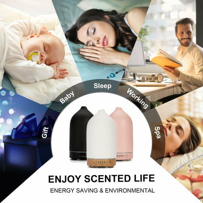 Ceramic Ultrasonic Oil Diffuser Wood Grain Black 100ML USB Adapter 7-Color LED