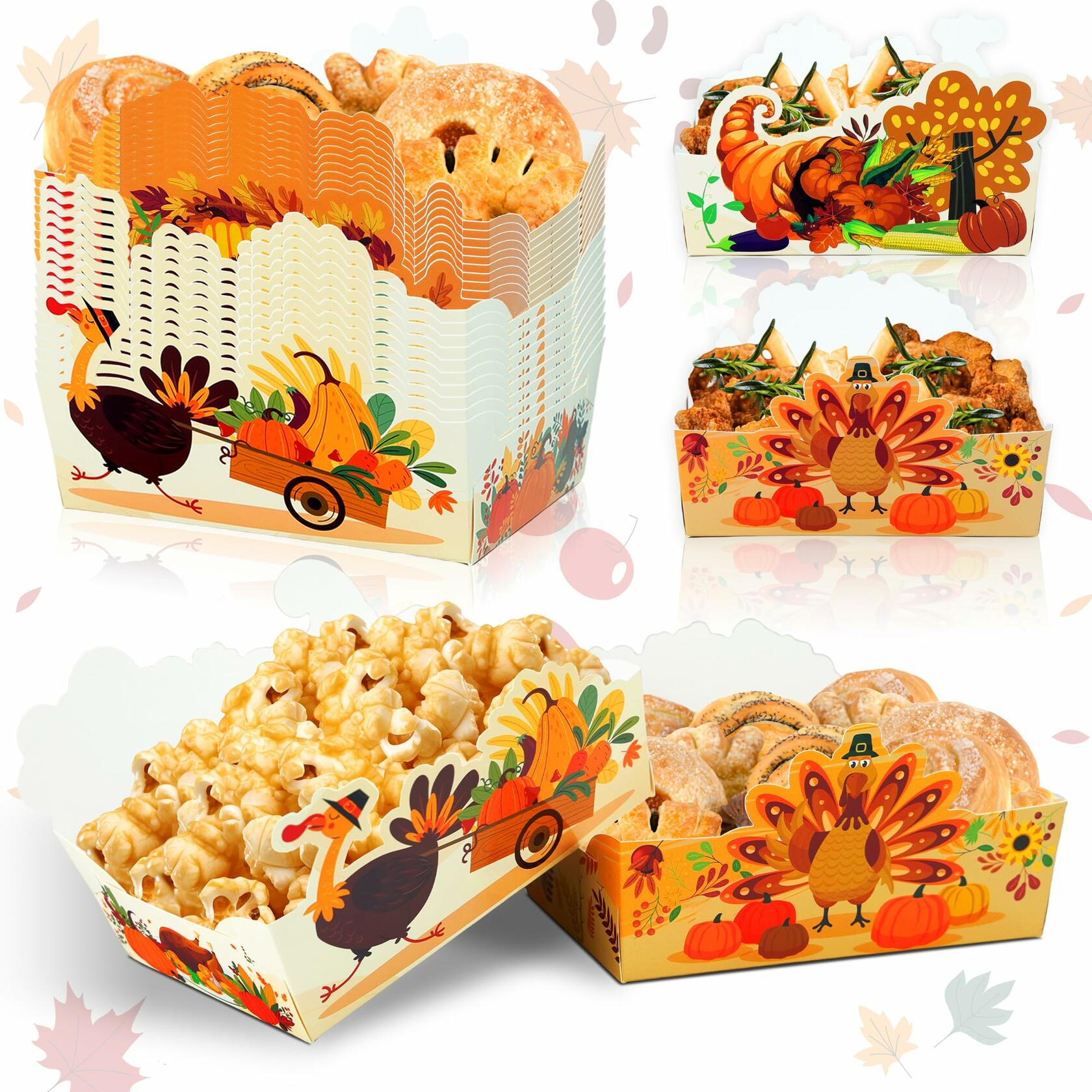 Thanksgiving-themed snack boxes with popcorn, cookies, and crackers on a white background.