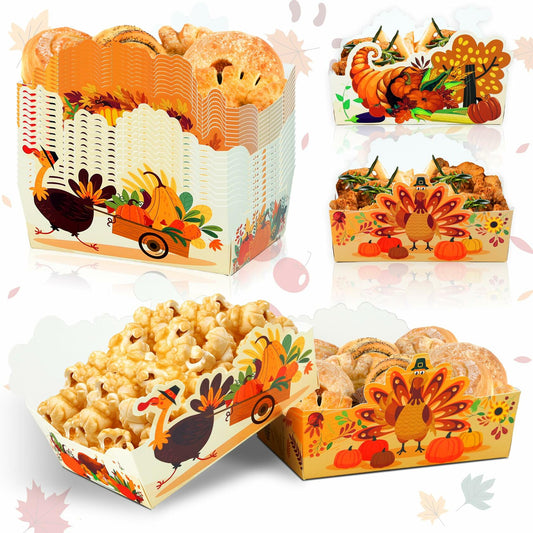 Thanksgiving-themed snack boxes with popcorn, cookies, and crackers on a white background.