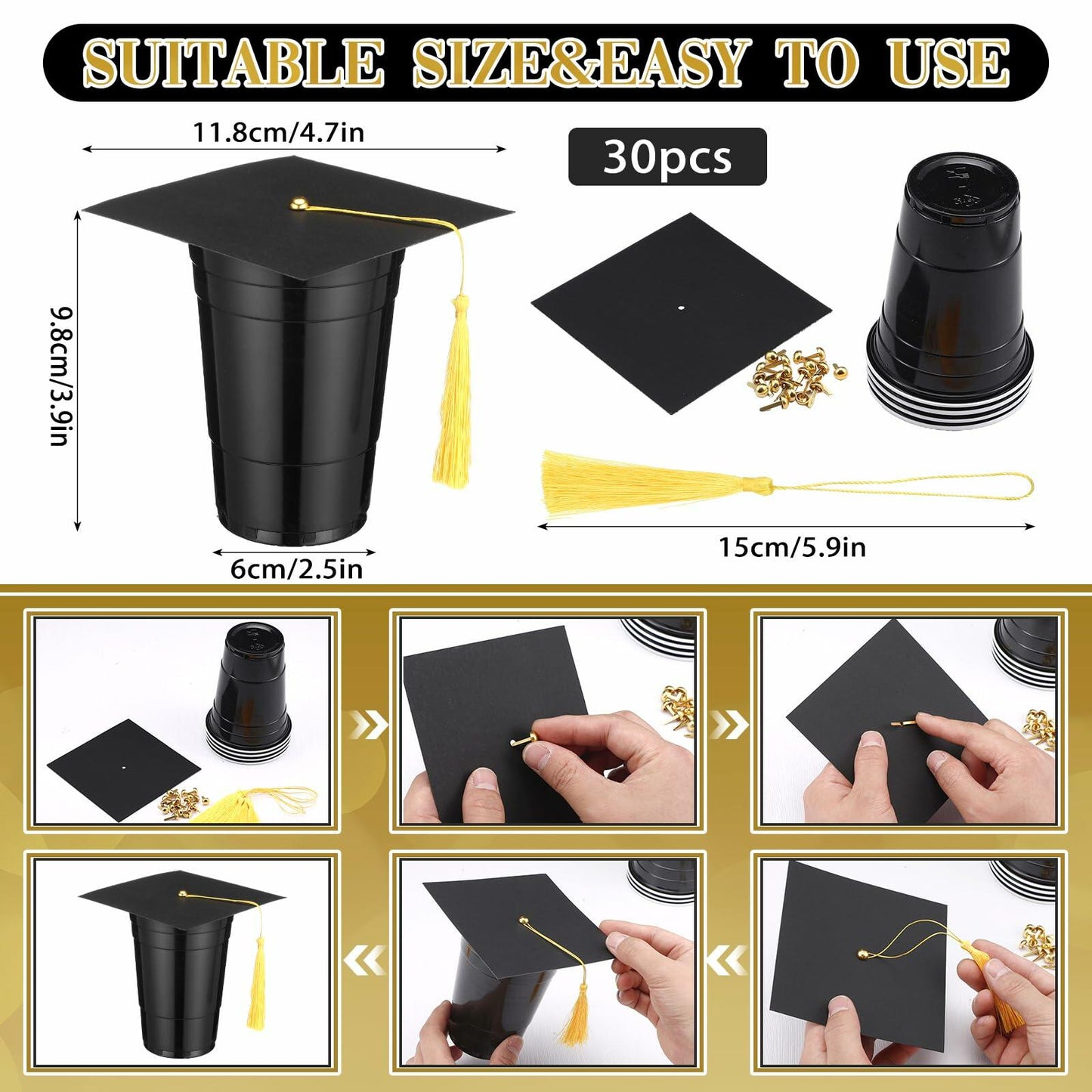 Jingmore Graduation Gift Box 30 Set 16oz Black Plastic Cups Graduation Cap