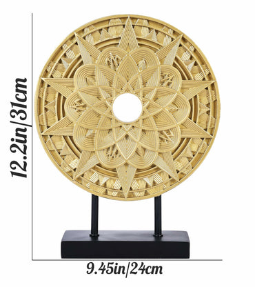 Geometric Mandala Sculpture Black Gold Round Art Decor for Shelf Table Office