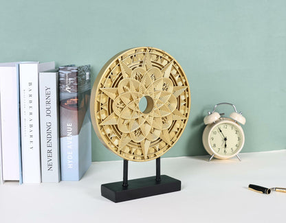 Geometric Mandala Sculpture Black Gold Round Art Decor for Shelf Table Office