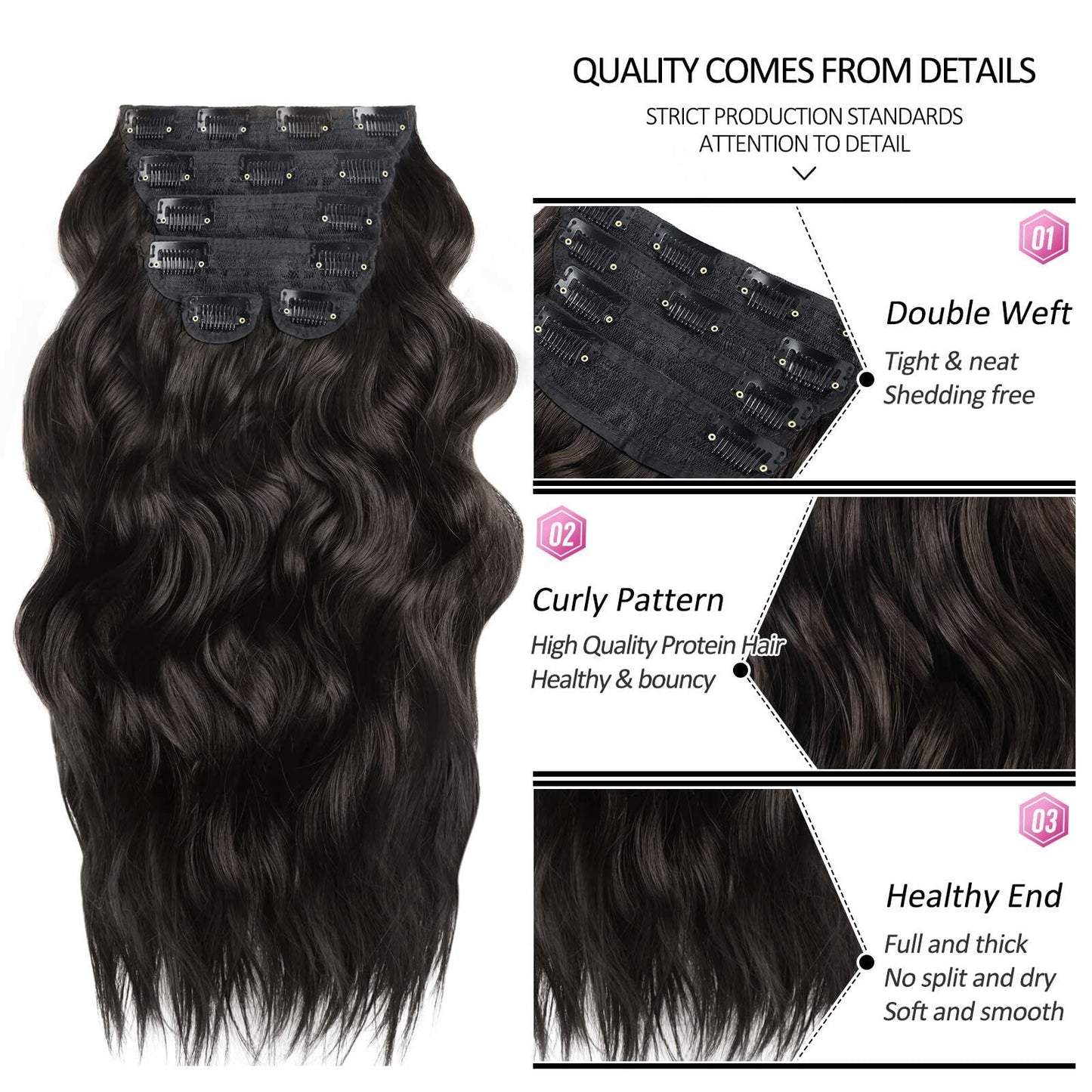 BHF 20in Wavy Clip In Synthetic Hair Extensions Full Head 6pcs Dark Brown