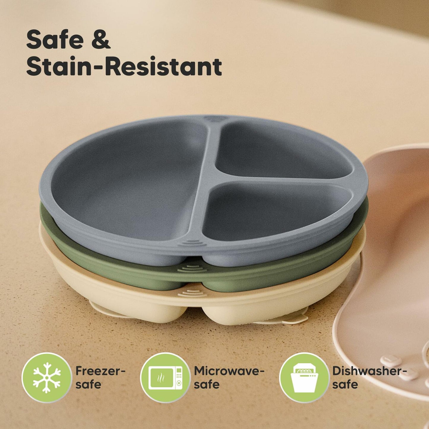 KeaBabies Silicone Suction Toddler Plates Divided 3-Pack Slate BPA-Free