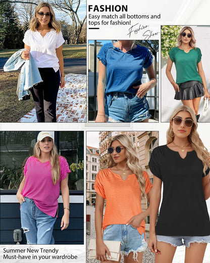 AURUZA Women's V Neck Short Sleeve Casual Shirt Blue Size S