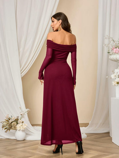 Colysmo Women Off Shoulder Mesh Bodycon Maxi Dress Burgundy Size XL