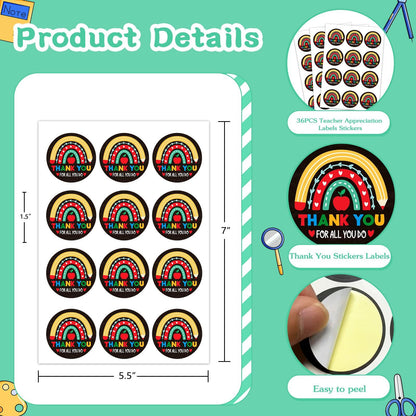 FLYAB Thank You Teacher Stickers 1.5" Apple Labels 36Pcs Gift Tags