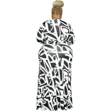 BFFBABY Sexy Wrap V Neck 3/4 Sleeve Chain Print Maxi Dress with Belt Size 5XL