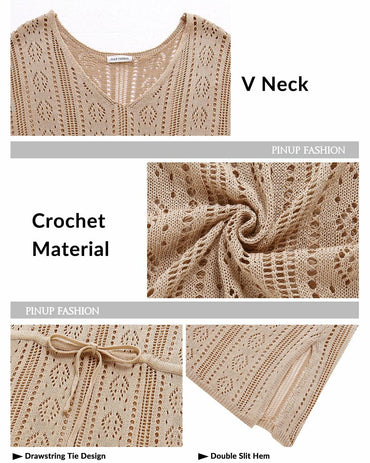 Pinup Fashion Crochet Bathing Suit Cover Up V Neck Apricot Size XXL