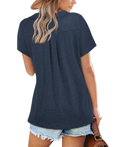 Women's Collared V Neck Polo T Shirt Plus Size Loose Fit Deep Blue Size S
