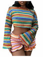 RoseSeek Women's Striped Crop Top Long Sleeve Knit Tee Multicolor Size S