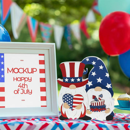 DECSPAS 4th of July Double Sided Wooden Tiered Tray Red White Blue Decor