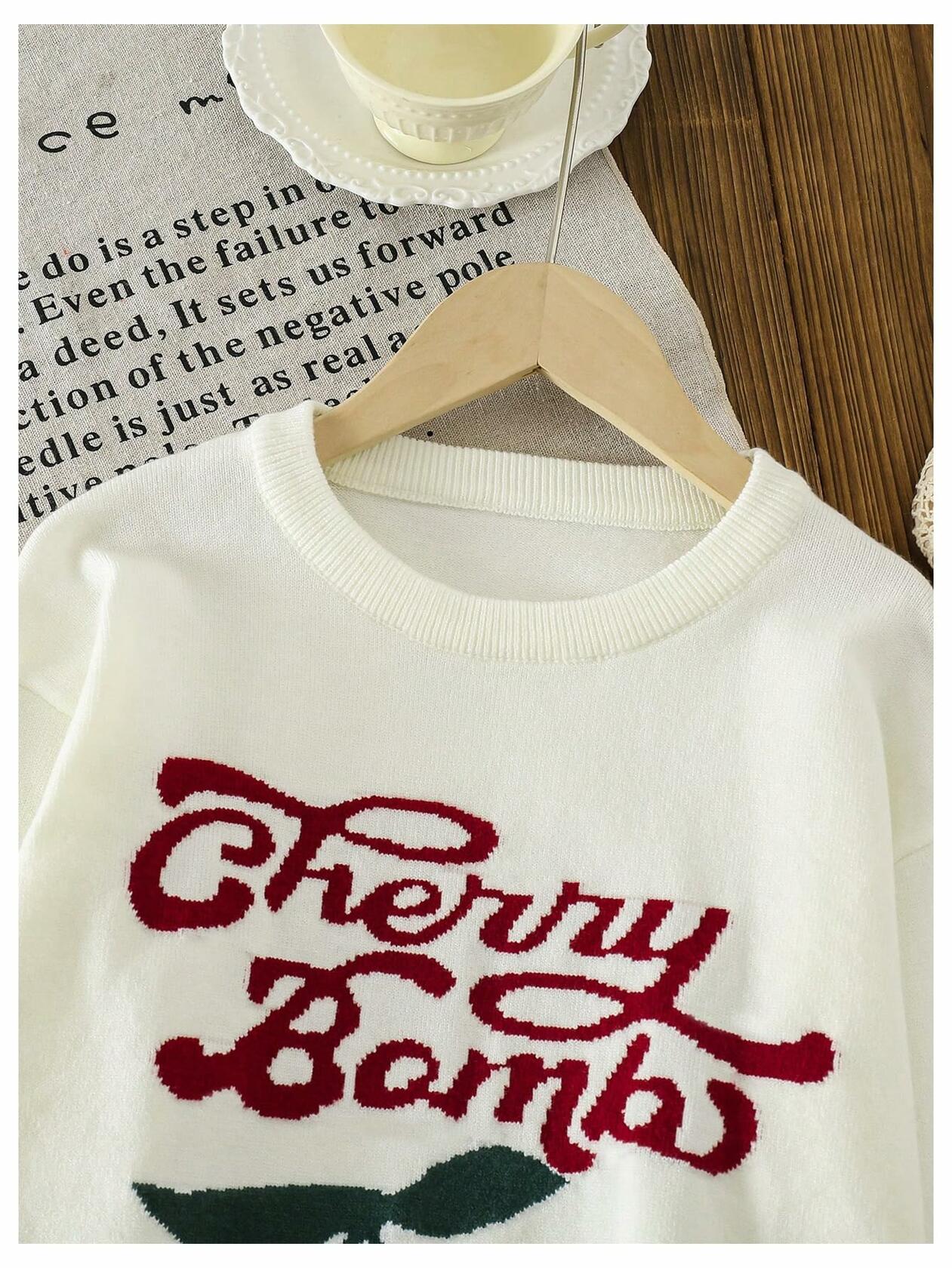 BEAUDRM Girl's Cherry Knit Sweater Long Sleeve Crewneck Apricot Size 11Y