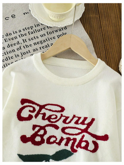 BEAUDRM Girl's Cherry Knit Sweater Long Sleeve Crewneck Apricot Size 11Y