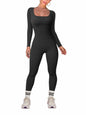 TOB Women Yoga Jumpsuit Ribbed Long Sleeve Square Neck Black Size L