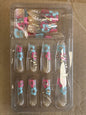RUOKEXIN Acrylic Coffin Nails 24Pcs Red Blue Flower Gold Rhinestones Glossy