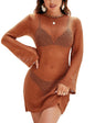 Blooming Jelly Crochet Bikini Coverup Hollow Out Net Long Sleeve Caramel Size S
