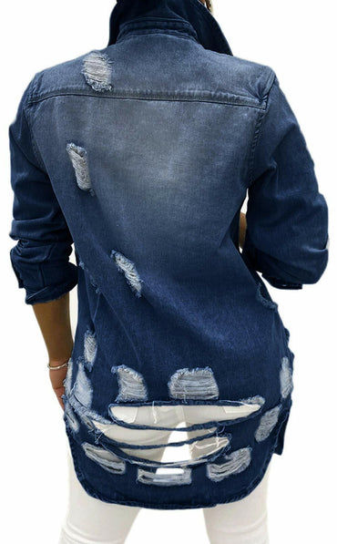 sexycherry Denim Navy Blue Distressed Trucker Jacket for Women Size 3X-Large