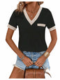 Verdusa Women's Contrast Binding V Neck Short Sleeve Colorblock Tee Black Size S