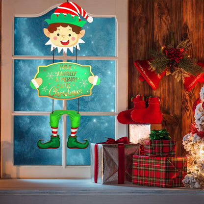 [Like New] Elf Boys Hanging Sign with Lights Wooden Christmas Decor Indoor Outdoor
