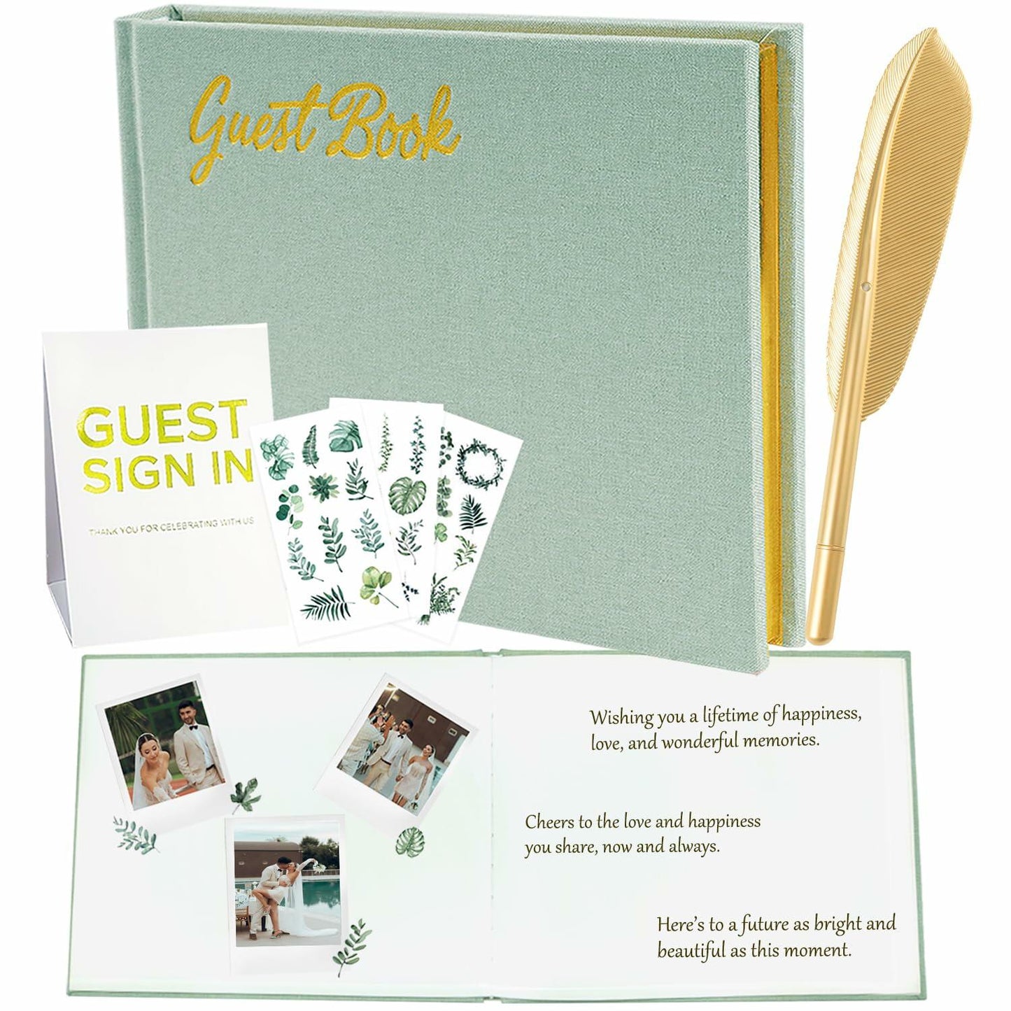 4 in 1 Wedding Guest Book Linen Cover with Pen, Sign Card & Stickers White