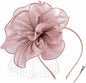 SHUERIET Women Feather Veil Floral Headband Hat Deep Pink
