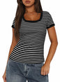 Darong Women Summer Striped Ribbed Knit Scoop Neck Tee Black White Size XS