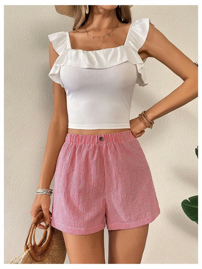 lVerdusa Women’s Plaid Elastic Waist High Waist Casual Shorts Red White XS