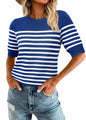 Amkoyam Women's Striped Ribbed Knit Pullover Sweater Top Dark Blue Size Small